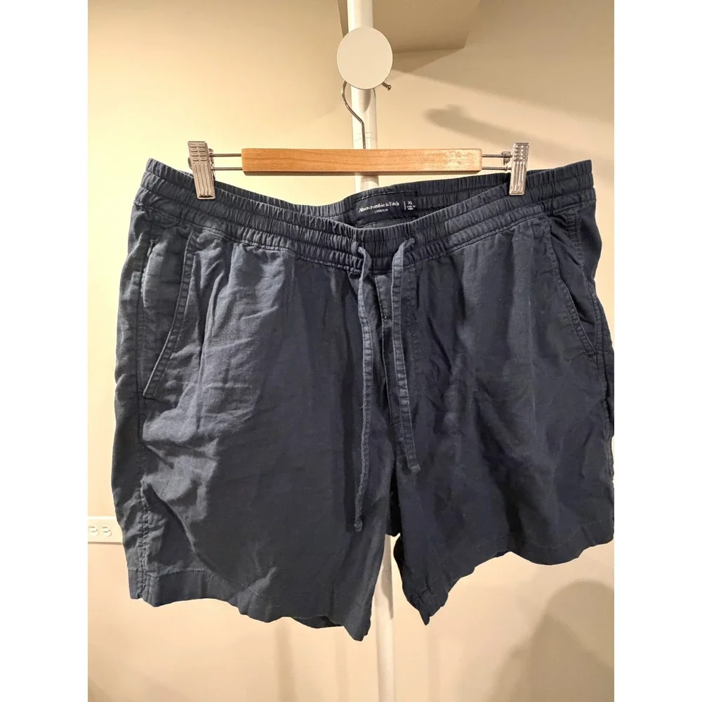 Abercrombie & Fitch Men's Navy Blue Linen Blend Pull On Drawstring Shorts XL